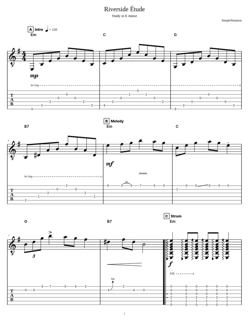 First page of a PDF exported from SimpleNotation: the Riverside Étude for guitar in standard notation with tablature underneath, chord names, sections and dynamics