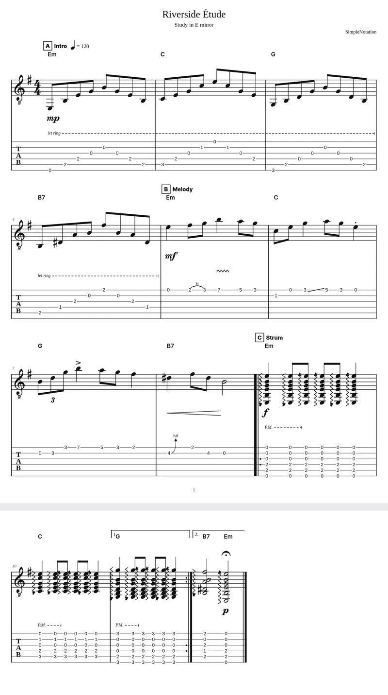 PNG image exported from SimpleNotation: two pages of the Riverside Étude stacked into one picture, with notation and guitar tab