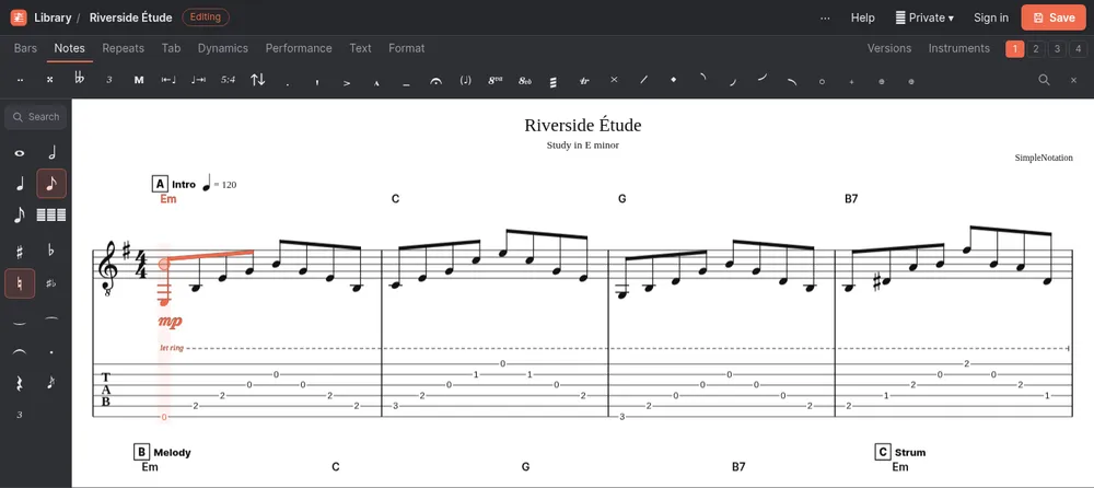 A Guitar Pro file opened in the SimpleNotation editor: the Riverside Étude with chord names, sections and tempo above standard notation, a let ring line and the guitar tab underneath