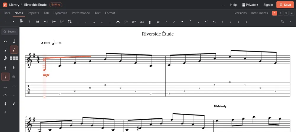 A MIDI file of the demo score opened in SimpleNotation: the arpeggios written out as eighth notes in standard notation, with strings and frets chosen automatically in the tab below