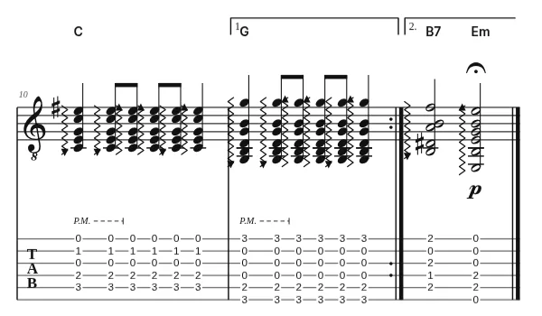 The last bars of the demo score opened from a MusicXML file: strummed chords with palm mute, first and second endings, chord names and a fermata, above the guitar tab