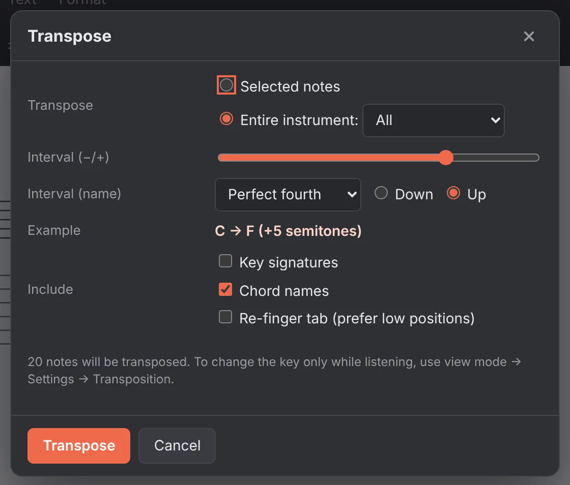 The Transpose dialog with an interval slider set to a perfect fourth up, showing the example C to F